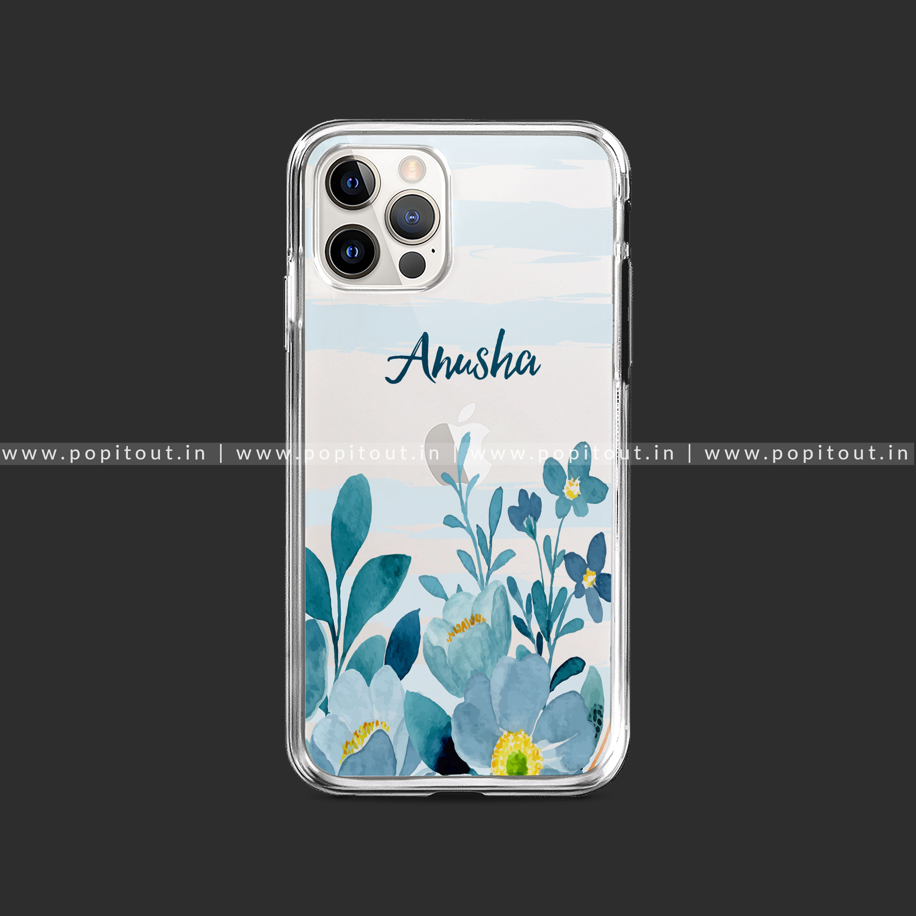 Aqua Floral Silicon Clear Name Case - Main Image